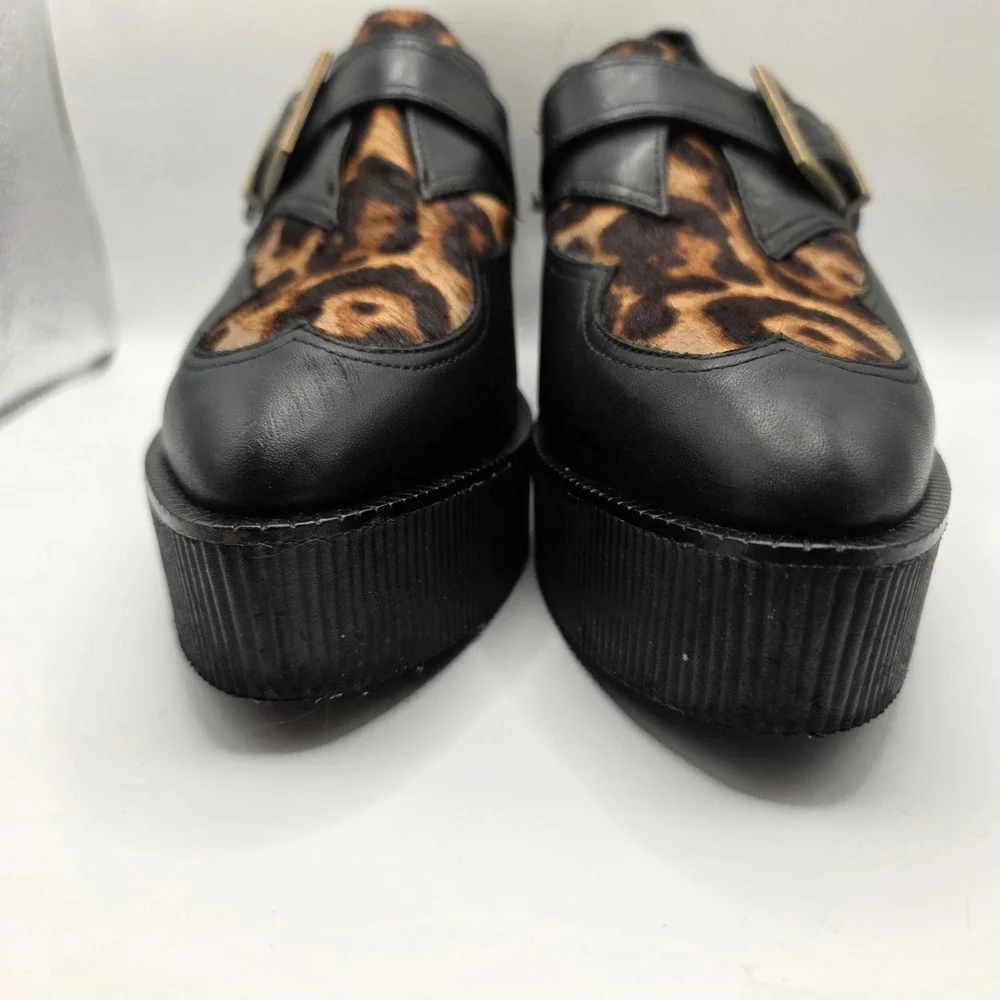 Gianni Bini Leopard‎ Calf Hair Platform Creepers Black Leather Buckle Shoes 9M